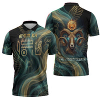Amun Ancient Egyptian Zipper Polo Shirt with Mystical Smoke Swirl Pattern, Fiery Ram Head, and Hieroglyphic - Wonder Print Shop