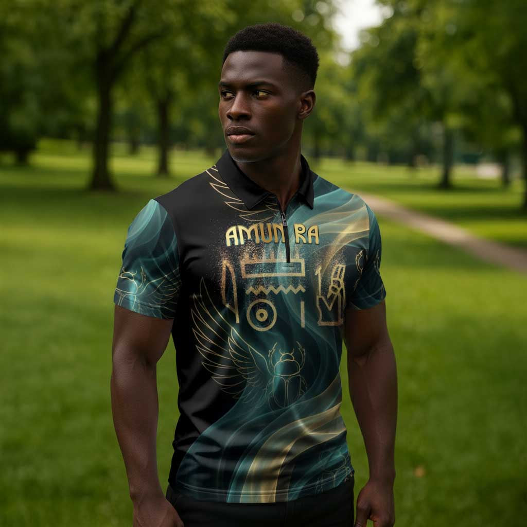 Amun Ancient Egyptian Zipper Polo Shirt with Mystical Smoke Swirl Pattern, Fiery Ram Head, and Hieroglyphic - Wonder Print Shop