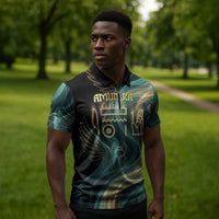Amun Ancient Egyptian Zipper Polo Shirt with Mystical Smoke Swirl Pattern, Fiery Ram Head, and Hieroglyphic - Wonder Print Shop