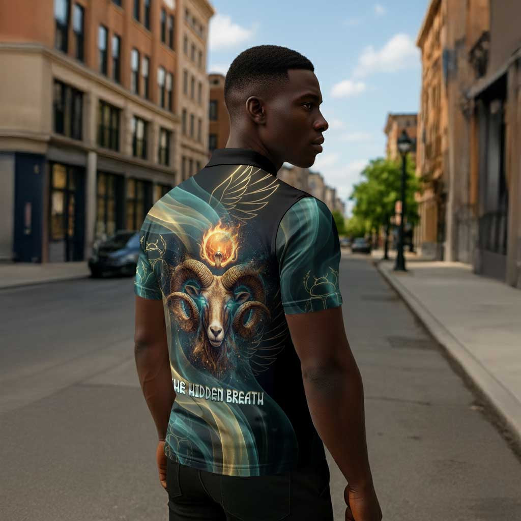 Amun Ancient Egyptian Zipper Polo Shirt with Mystical Smoke Swirl Pattern, Fiery Ram Head, and Hieroglyphic - Wonder Print Shop