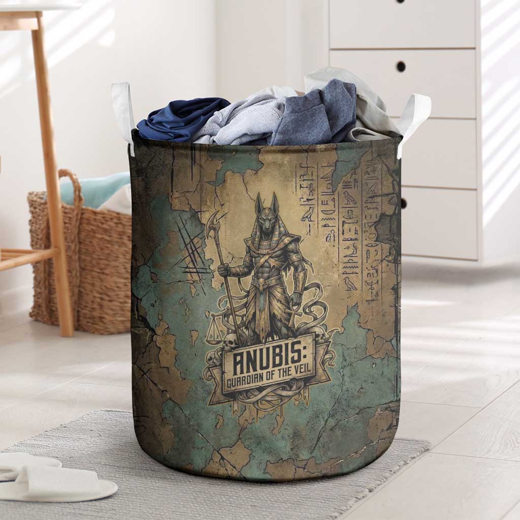 Anubis Laundry Basket Ancient Egyptian Aged Papyrus, Scales of Justice, and Egyptian Hieroglyph - Wonder Print Shop