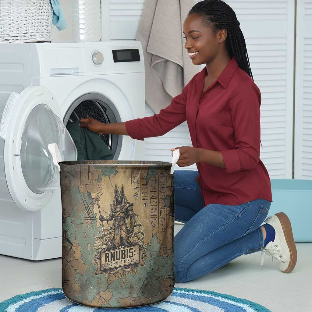 Anubis Laundry Basket Ancient Egyptian Aged Papyrus, Scales of Justice, and Egyptian Hieroglyph - Wonder Print Shop