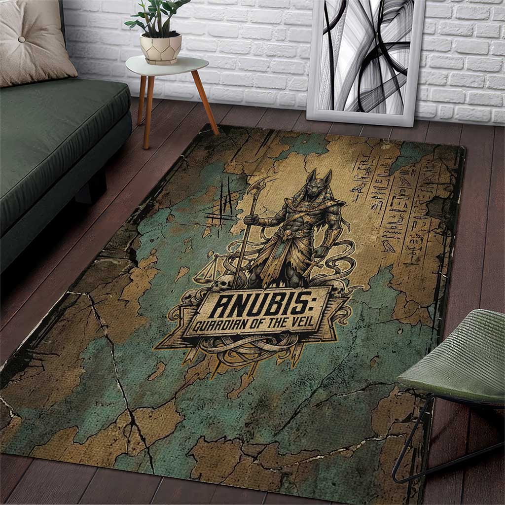 Anubis Area Rug Ancient Egyptian Aged Papyrus, Scales of Justice, and Egyptian Hieroglyph - Wonder Print Shop