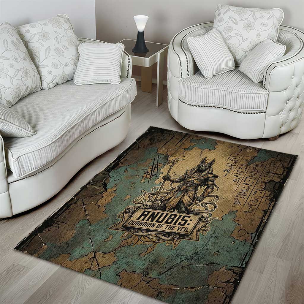 Anubis Area Rug Ancient Egyptian Aged Papyrus, Scales of Justice, and Egyptian Hieroglyph - Wonder Print Shop
