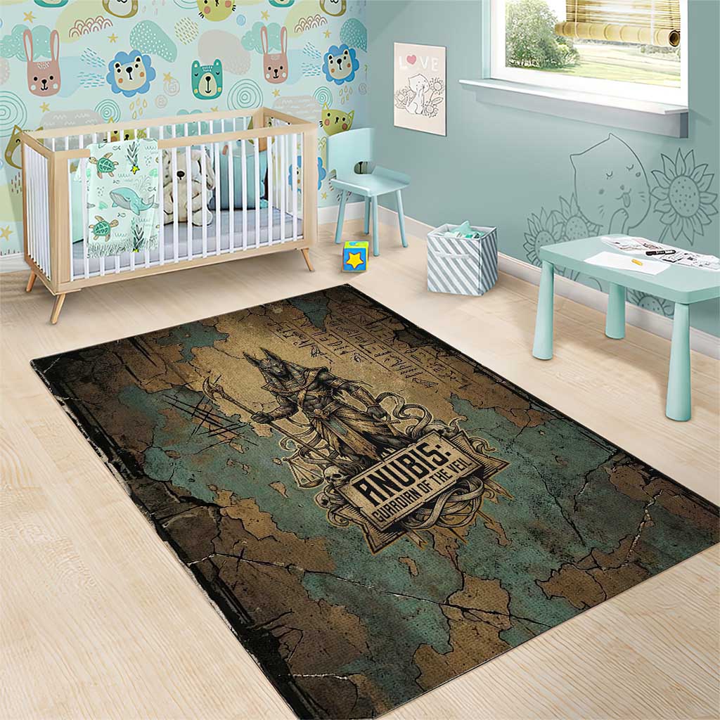 Anubis Area Rug Ancient Egyptian Aged Papyrus, Scales of Justice, and Egyptian Hieroglyph - Wonder Print Shop