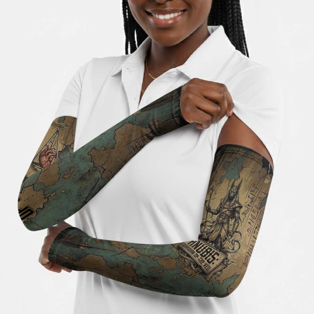 Anubis Arm Sleeves Ancient Egyptian Aged Papyrus, Scales of Justice, and Egyptian Hieroglyph - Wonder Print Shop