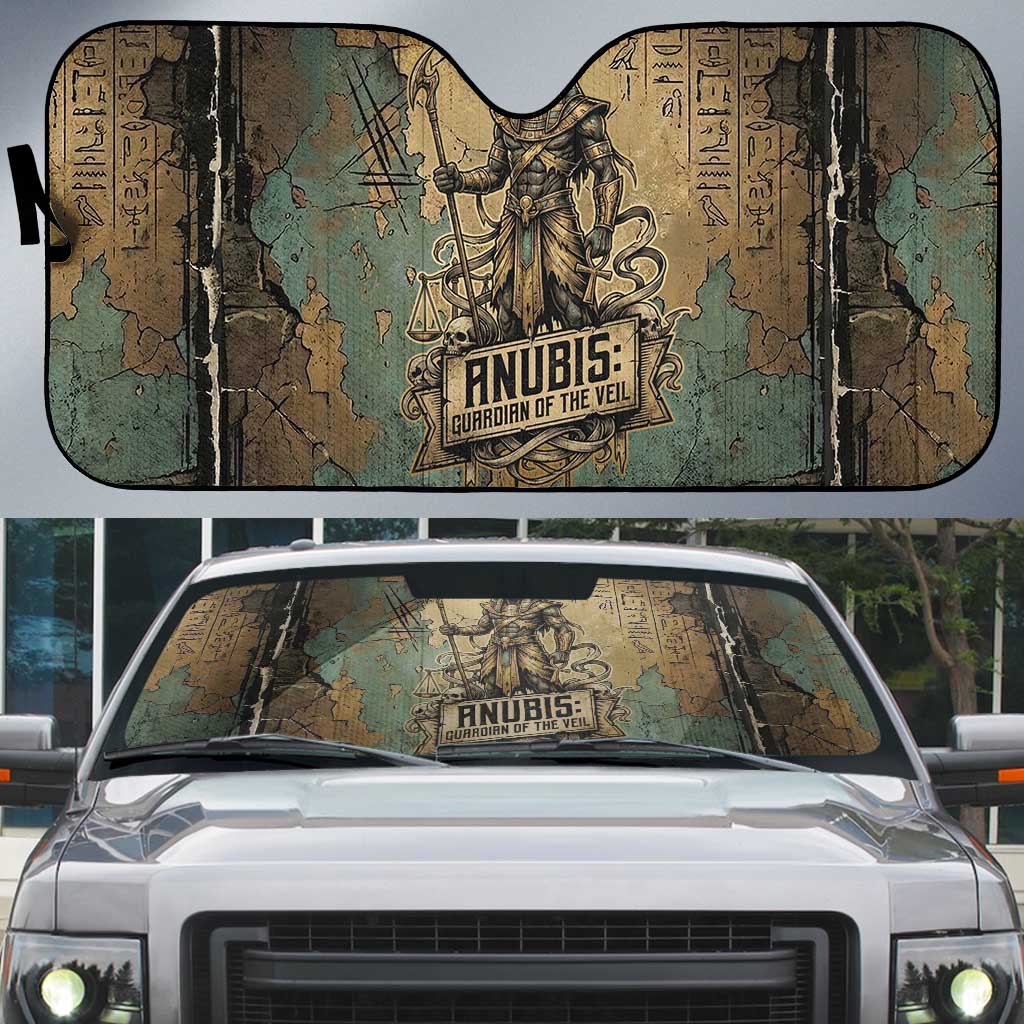 Anubis Auto Sun Shade Ancient Egyptian Aged Papyrus, Scales of Justice, and Egyptian Hieroglyph - Wonder Print Shop