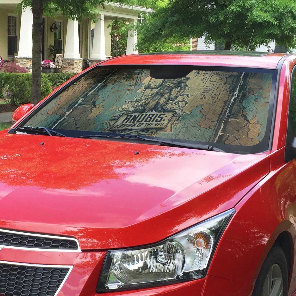 Anubis Auto Sun Shade Ancient Egyptian Aged Papyrus, Scales of Justice, and Egyptian Hieroglyph - Wonder Print Shop