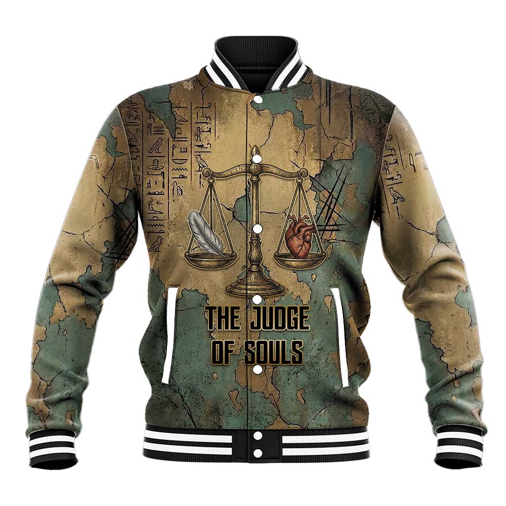 Anubis Baseball Jacket Ancient Egyptian Aged Papyrus, Scales of Justice, and Egyptian Hieroglyph - Wonder Print Shop