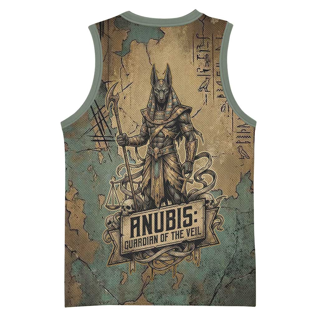 Anubis Basketball Jersey Ancient Egyptian Aged Papyrus, Scales of Justice, and Egyptian Hieroglyph - Wonder Print Shop