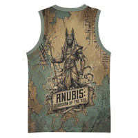 Anubis Basketball Jersey Ancient Egyptian Aged Papyrus, Scales of Justice, and Egyptian Hieroglyph - Wonder Print Shop