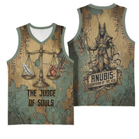 Anubis Basketball Jersey Ancient Egyptian Aged Papyrus, Scales of Justice, and Egyptian Hieroglyph - Wonder Print Shop