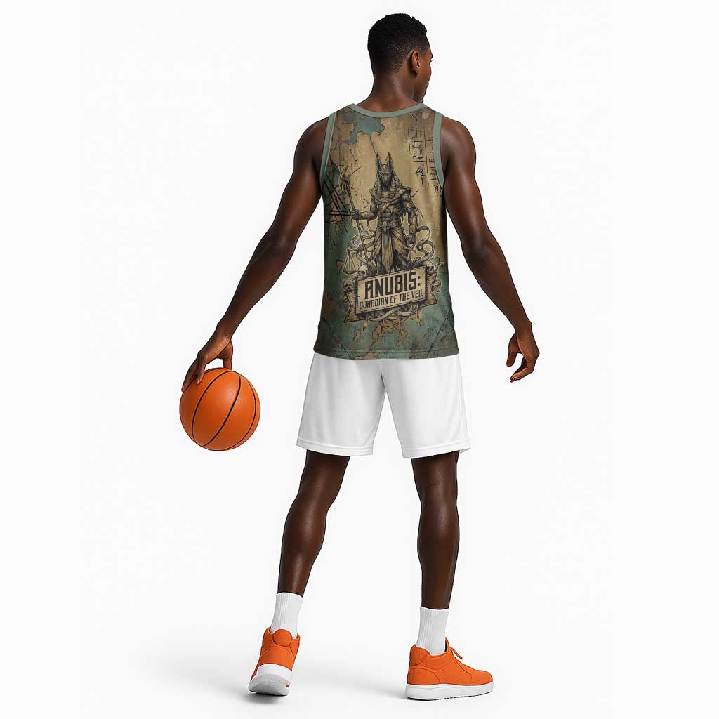 Anubis Basketball Jersey Ancient Egyptian Aged Papyrus, Scales of Justice, and Egyptian Hieroglyph - Wonder Print Shop