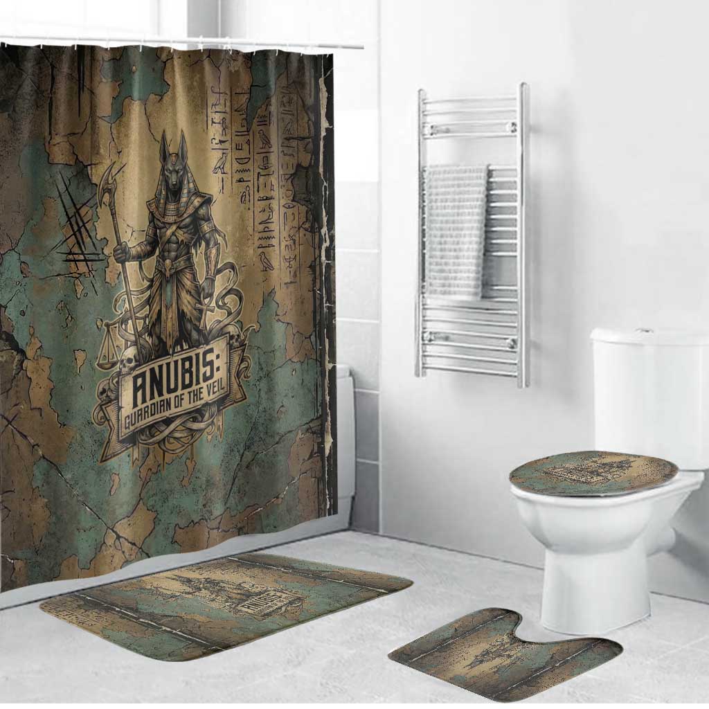 Anubis Bathroom Set Ancient Egyptian Aged Papyrus, Scales of Justice, and Egyptian Hieroglyph - Wonder Print Shop