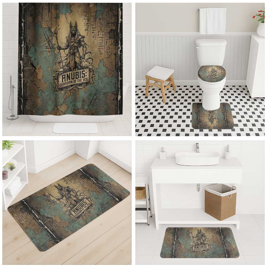 Anubis Bathroom Set Ancient Egyptian Aged Papyrus, Scales of Justice, and Egyptian Hieroglyph - Wonder Print Shop