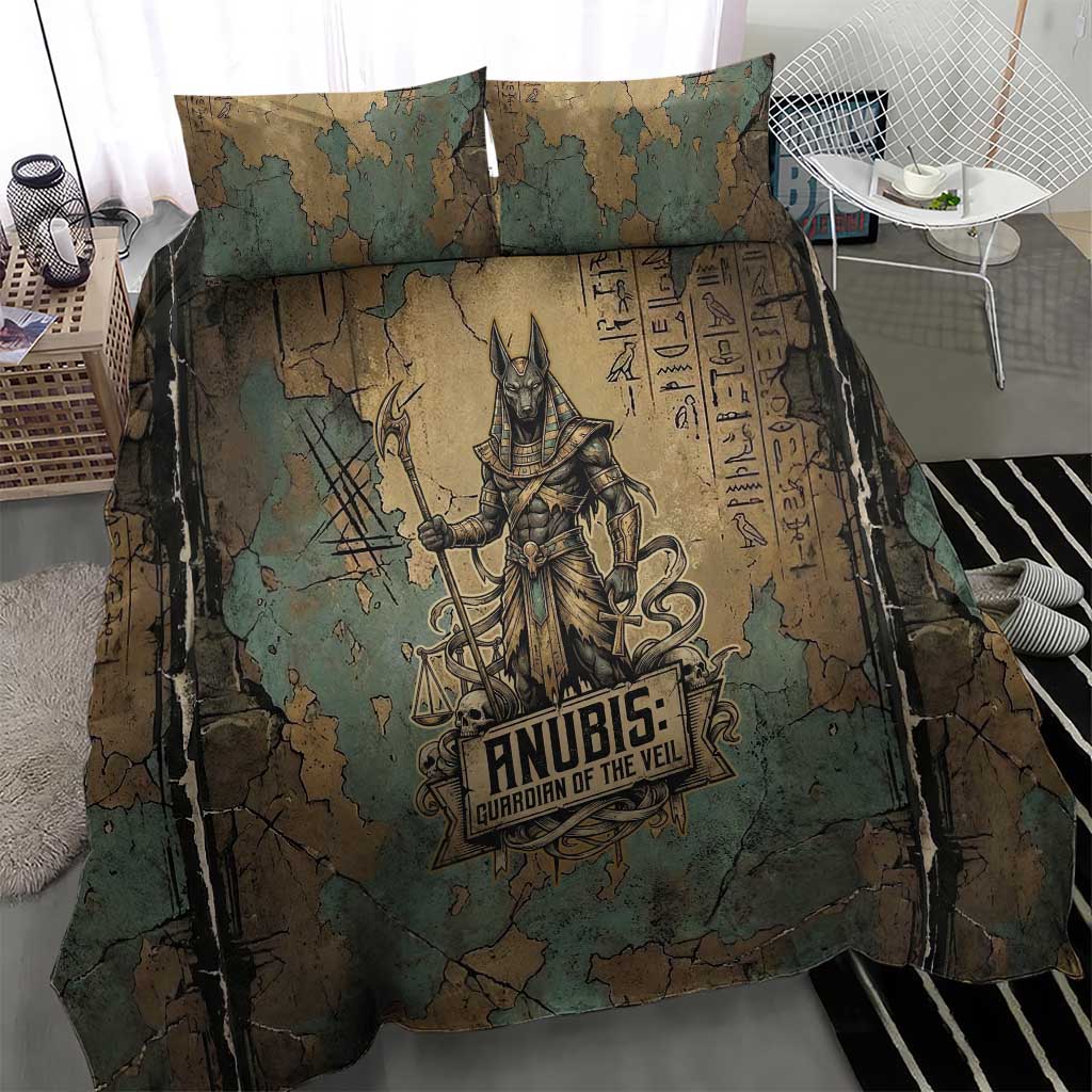Anubis Bedding Set Ancient Egyptian Aged Papyrus, Scales of Justice, and Egyptian Hieroglyph - Wonder Print Shop