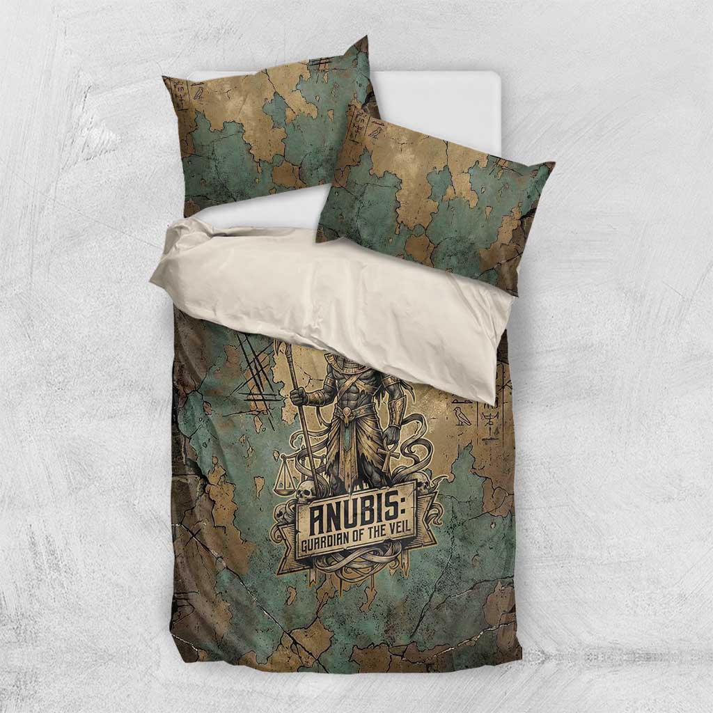 Anubis Bedding Set Ancient Egyptian Aged Papyrus, Scales of Justice, and Egyptian Hieroglyph - Wonder Print Shop