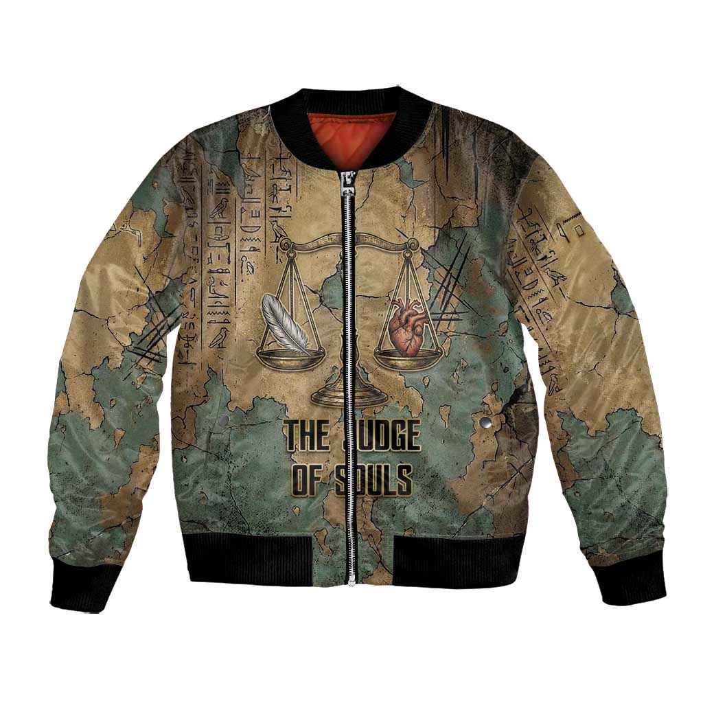 Anubis Bomber Jacket Ancient Egyptian Aged Papyrus, Scales of Justice, and Egyptian Hieroglyph - Wonder Print Shop