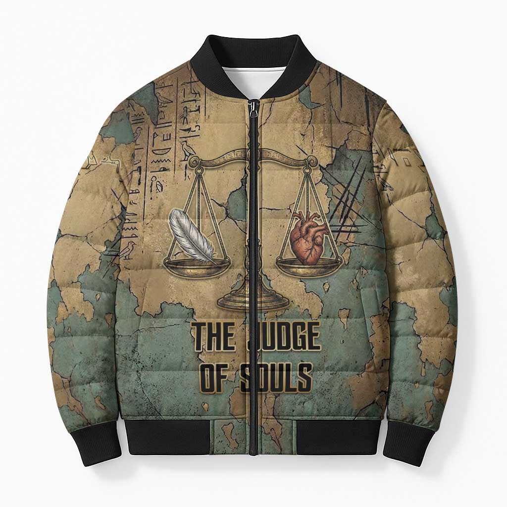 Anubis Bomber Puffer Jacket Ancient Egyptian Aged Papyrus, Scales of Justice, and Egyptian Hieroglyph - Wonder Print Shop
