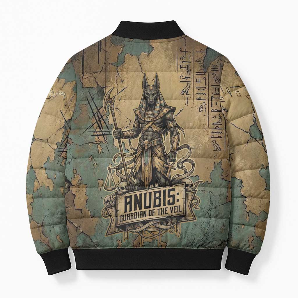 Anubis Bomber Puffer Jacket Ancient Egyptian Aged Papyrus, Scales of Justice, and Egyptian Hieroglyph - Wonder Print Shop
