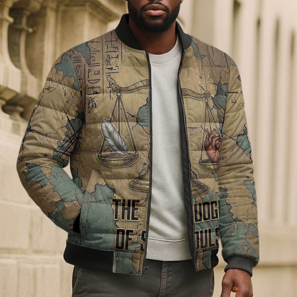 Anubis Bomber Puffer Jacket Ancient Egyptian Aged Papyrus, Scales of Justice, and Egyptian Hieroglyph - Wonder Print Shop