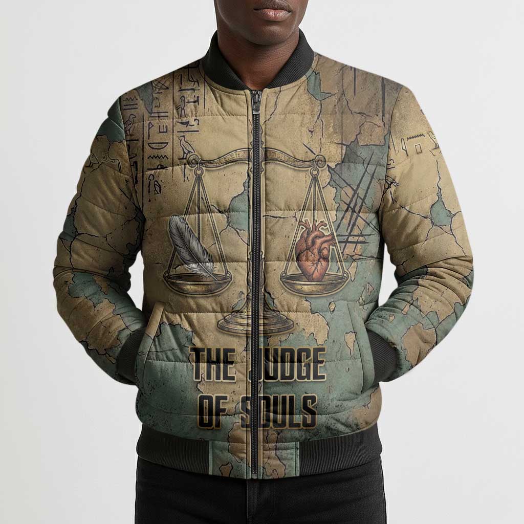 Anubis Bomber Puffer Jacket Ancient Egyptian Aged Papyrus, Scales of Justice, and Egyptian Hieroglyph - Wonder Print Shop