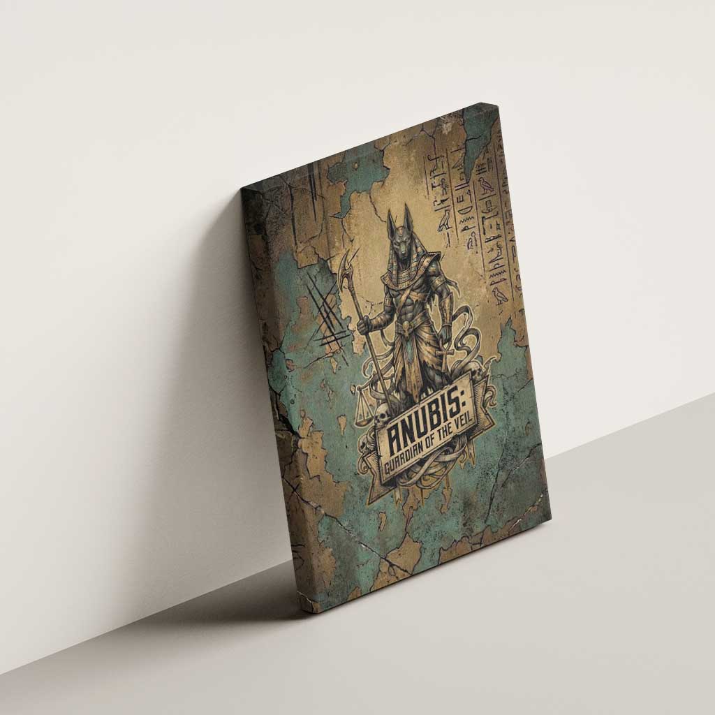 Anubis Canvas Wall Art Ancient Egyptian Aged Papyrus, Scales of Justice, and Egyptian Hieroglyph - Wonder Print Shop
