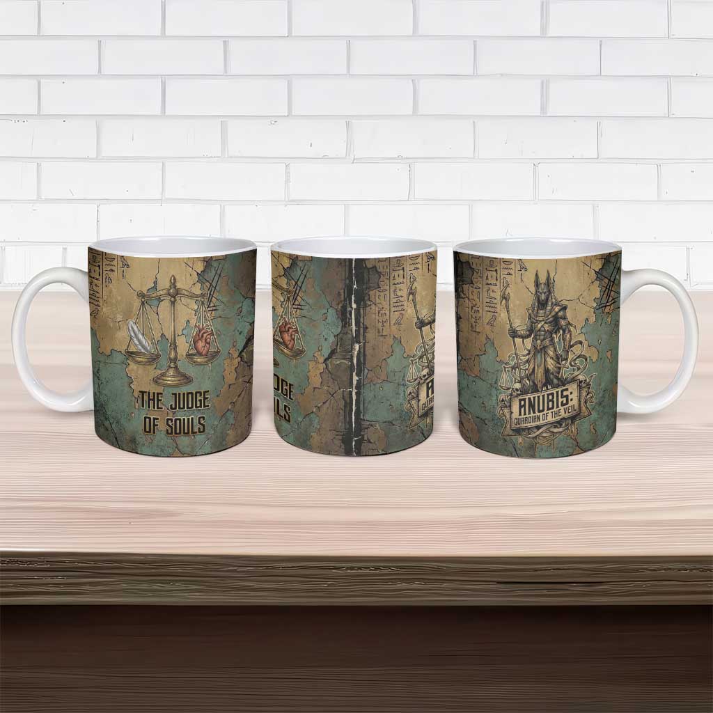 Anubis Ceramic Mug Ancient Egyptian Aged Papyrus, Scales of Justice, and Egyptian Hieroglyph - Wonder Print Shop