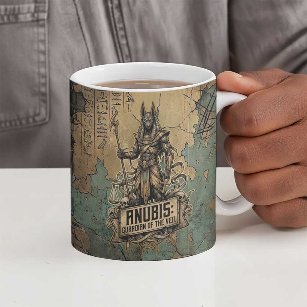 Anubis Ceramic Mug Ancient Egyptian Aged Papyrus, Scales of Justice, and Egyptian Hieroglyph - Wonder Print Shop