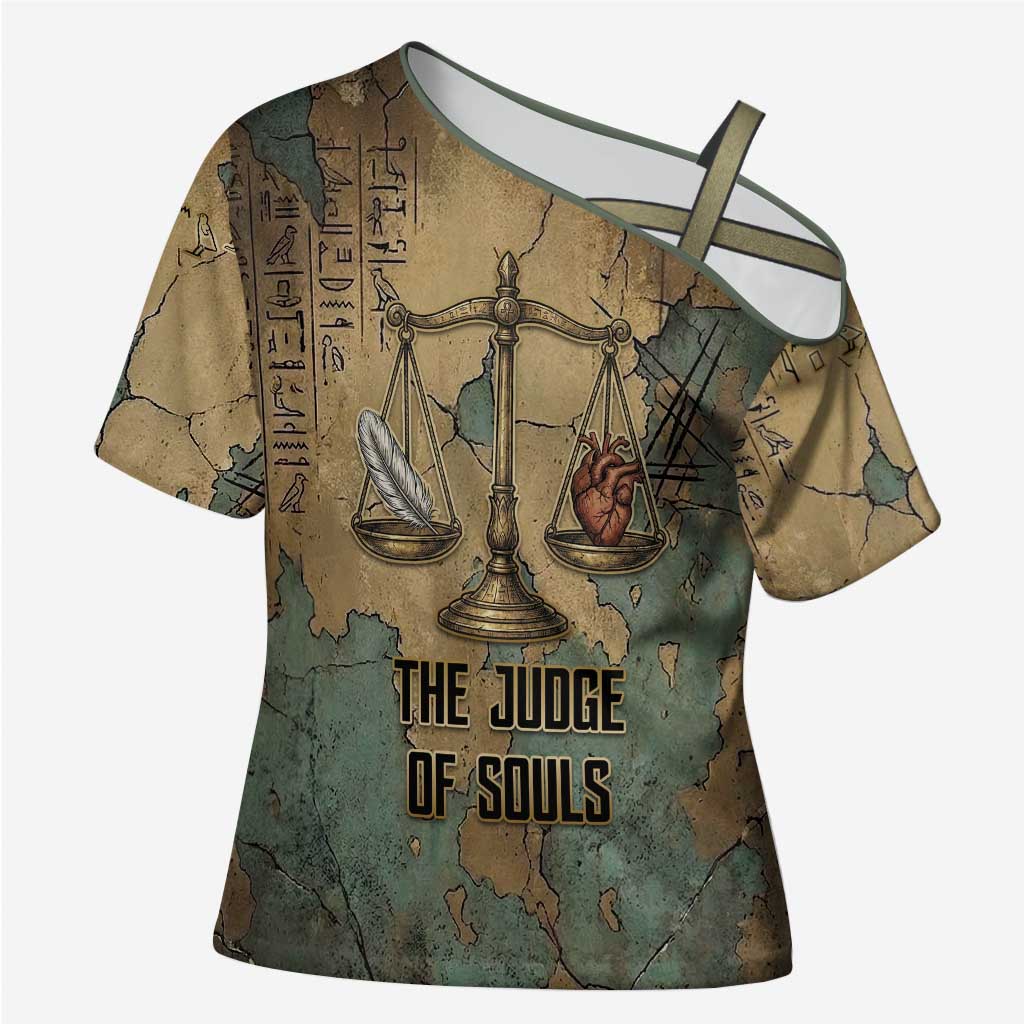Anubis Cross Shoulder Shirt Ancient Egyptian Aged Papyrus, Scales of Justice, and Egyptian Hieroglyph - Wonder Print Shop