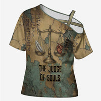 Anubis Cross Shoulder Shirt Ancient Egyptian Aged Papyrus, Scales of Justice, and Egyptian Hieroglyph - Wonder Print Shop