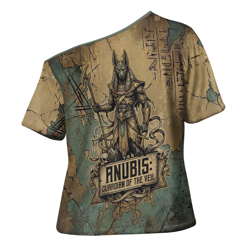 Anubis Cross Shoulder Shirt Ancient Egyptian Aged Papyrus, Scales of Justice, and Egyptian Hieroglyph - Wonder Print Shop