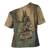 Anubis Cross Shoulder Shirt Ancient Egyptian Aged Papyrus, Scales of Justice, and Egyptian Hieroglyph - Wonder Print Shop