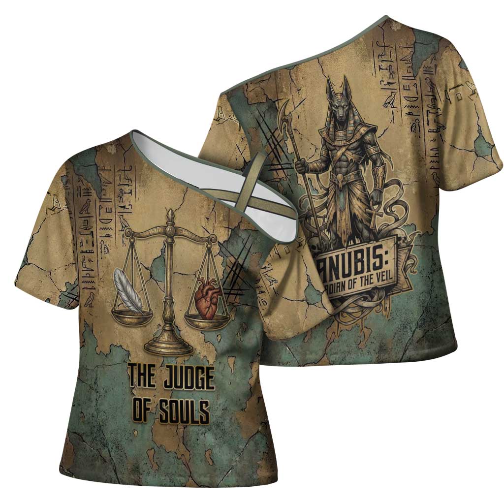 Anubis Cross Shoulder Shirt Ancient Egyptian Aged Papyrus, Scales of Justice, and Egyptian Hieroglyph - Wonder Print Shop