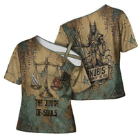 Anubis Cross Shoulder Shirt Ancient Egyptian Aged Papyrus, Scales of Justice, and Egyptian Hieroglyph - Wonder Print Shop