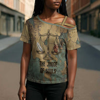 Anubis Cross Shoulder Shirt Ancient Egyptian Aged Papyrus, Scales of Justice, and Egyptian Hieroglyph - Wonder Print Shop