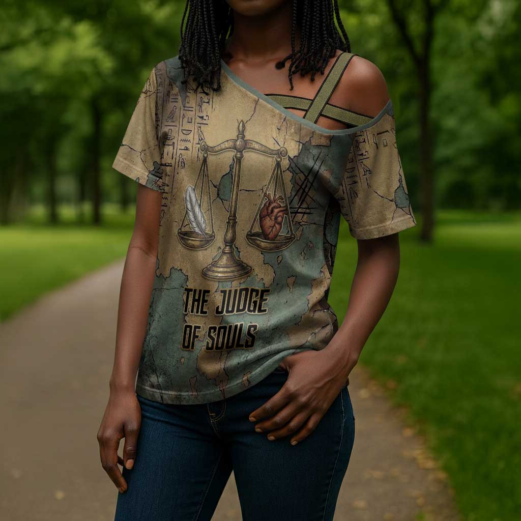 Anubis Cross Shoulder Shirt Ancient Egyptian Aged Papyrus, Scales of Justice, and Egyptian Hieroglyph - Wonder Print Shop