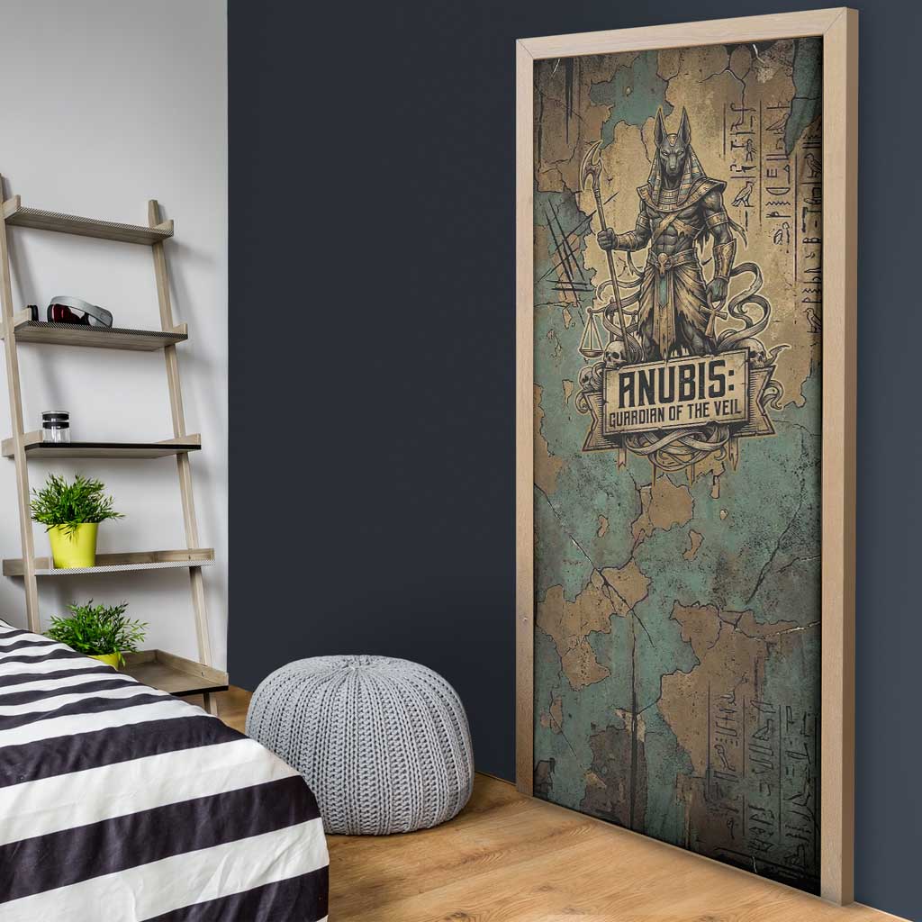 Anubis Door Cover Ancient Egyptian Aged Papyrus, Scales of Justice, and Egyptian Hieroglyph - Wonder Print Shop