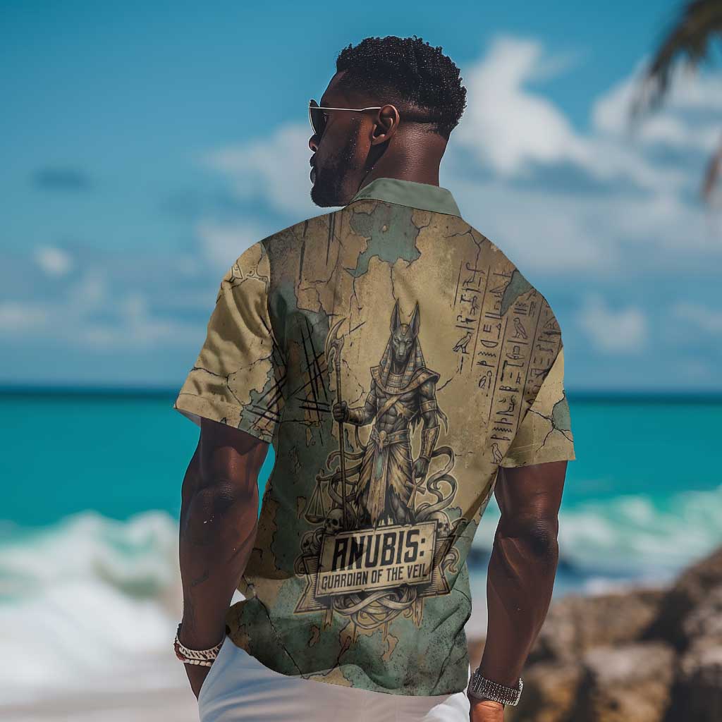 Anubis Hawaiian Shirt Ancient Egyptian Aged Papyrus, Scales of Justice, and Egyptian Hieroglyph - Wonder Print Shop