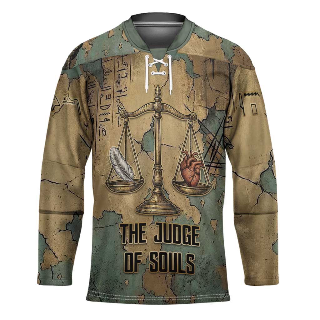 Anubis Hockey Jersey Ancient Egyptian Aged Papyrus, Scales of Justice, and Egyptian Hieroglyph - Wonder Print Shop