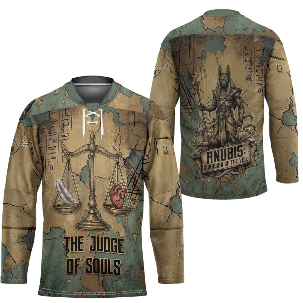 Anubis Hockey Jersey Ancient Egyptian Aged Papyrus, Scales of Justice, and Egyptian Hieroglyph - Wonder Print Shop