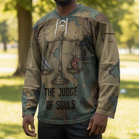 Anubis Hockey Jersey Ancient Egyptian Aged Papyrus, Scales of Justice, and Egyptian Hieroglyph - Wonder Print Shop