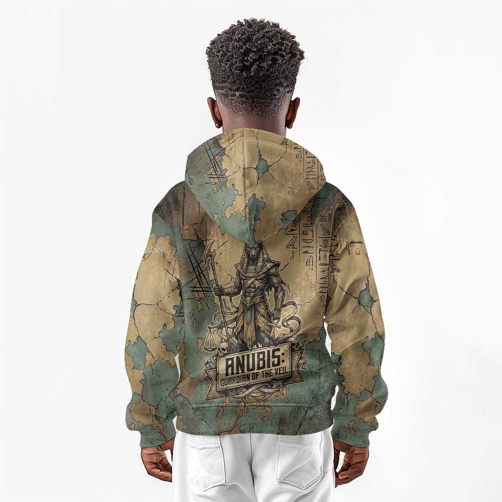 Anubis Kid Hoodie Ancient Egyptian Aged Papyrus, Scales of Justice, and Egyptian Hieroglyph - Wonder Print Shop