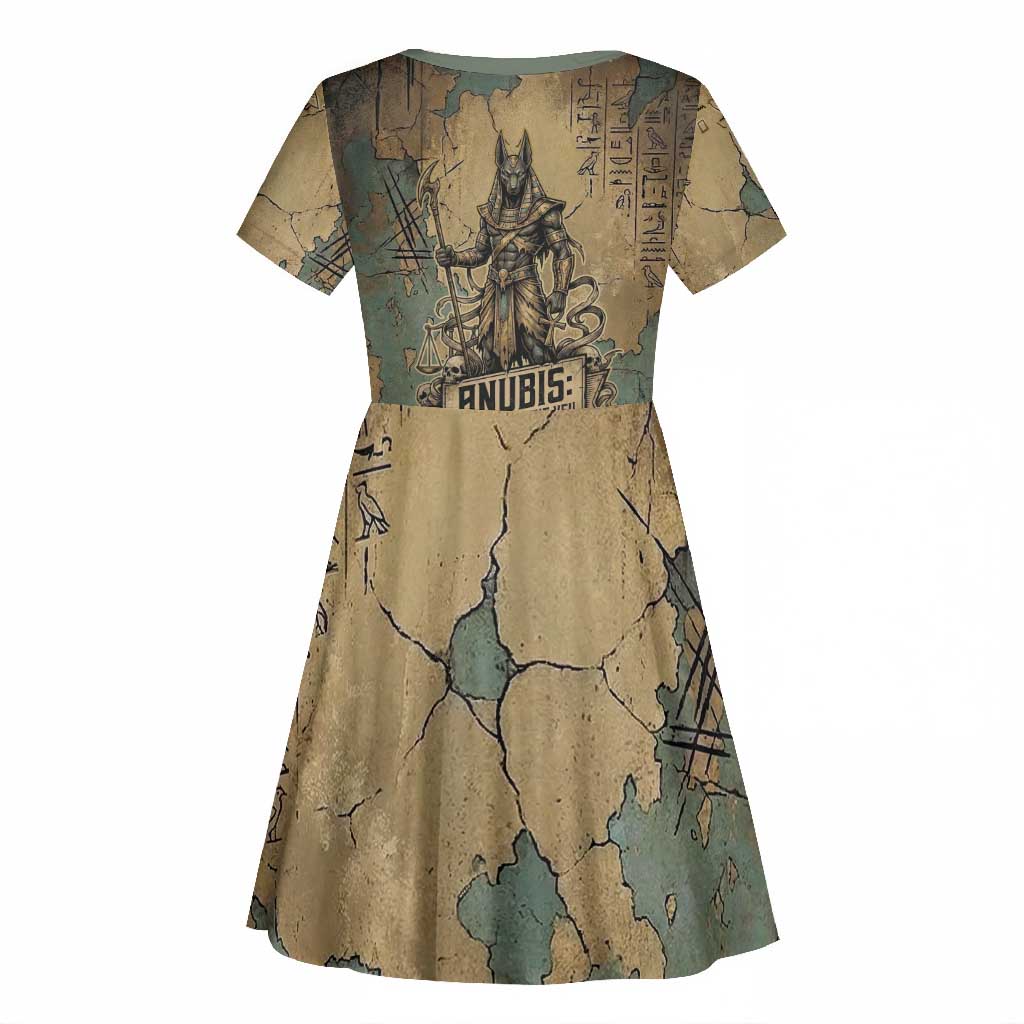 Anubis Kid Short Sleeve Dress Ancient Egyptian Aged Papyrus, Scales of Justice, and Egyptian Hieroglyph - Wonder Print Shop