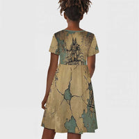 Anubis Kid Short Sleeve Dress Ancient Egyptian Aged Papyrus, Scales of Justice, and Egyptian Hieroglyph - Wonder Print Shop