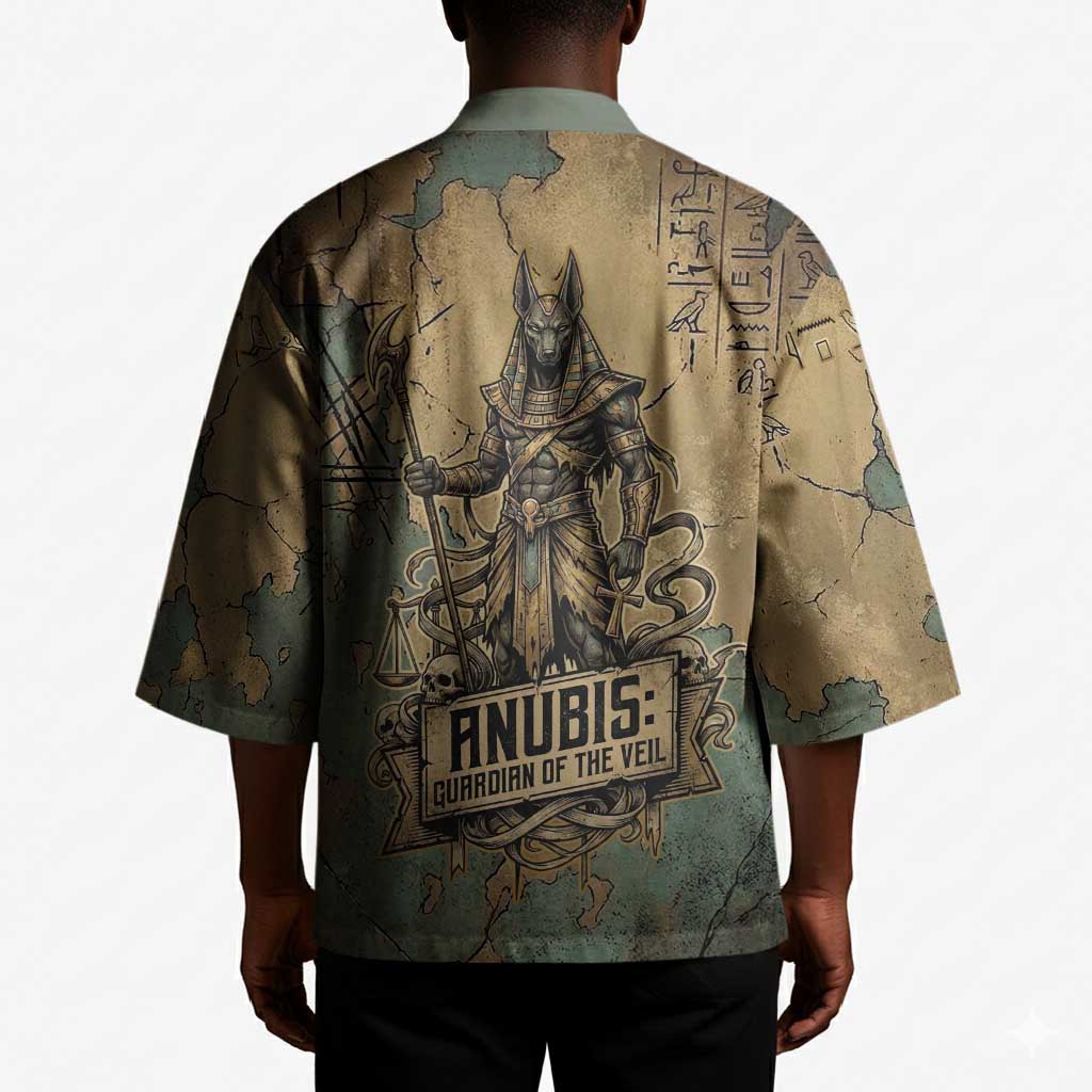 Anubis Kimono Ancient Egyptian Aged Papyrus, Scales of Justice, and Egyptian Hieroglyph - Wonder Print Shop