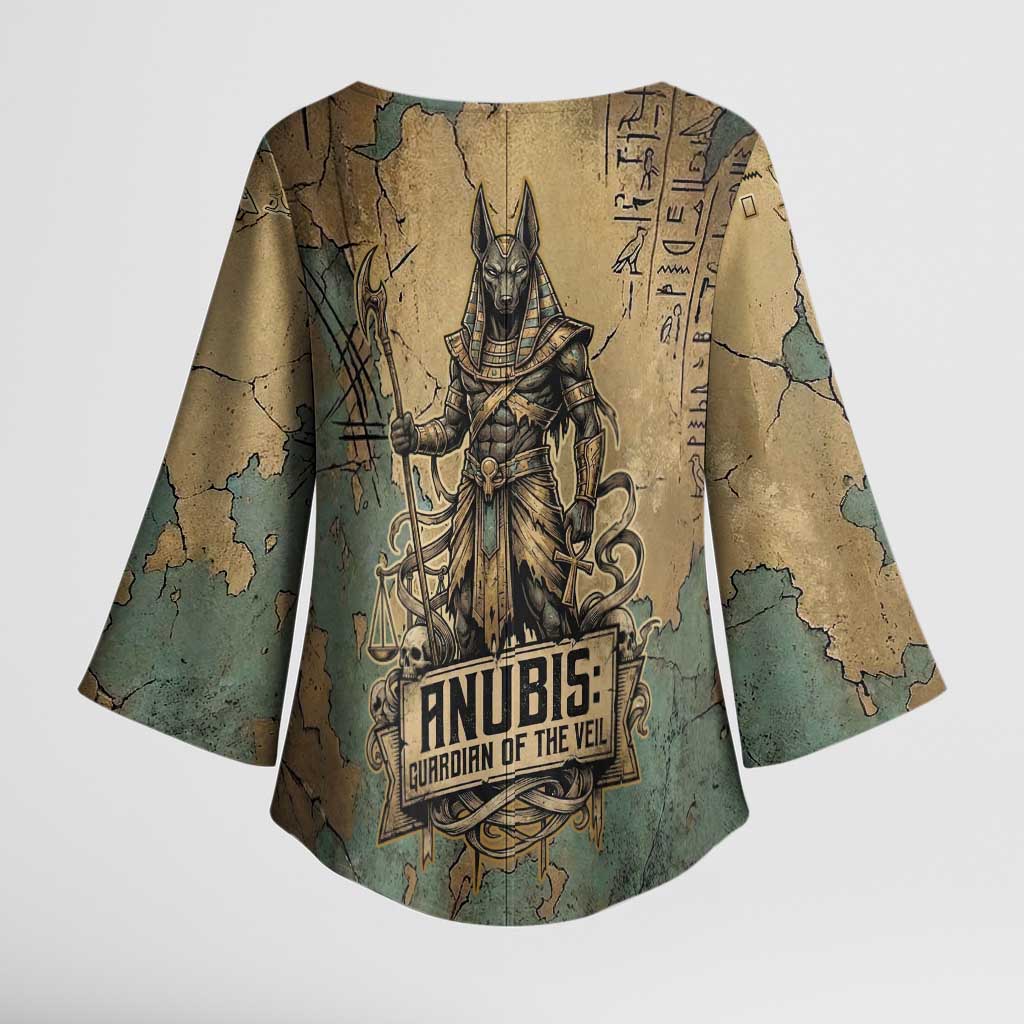 Anubis Kimono Sleeve Blouse Ancient Egyptian Aged Papyrus, Scales of Justice, and Egyptian Hieroglyph - Wonder Print Shop