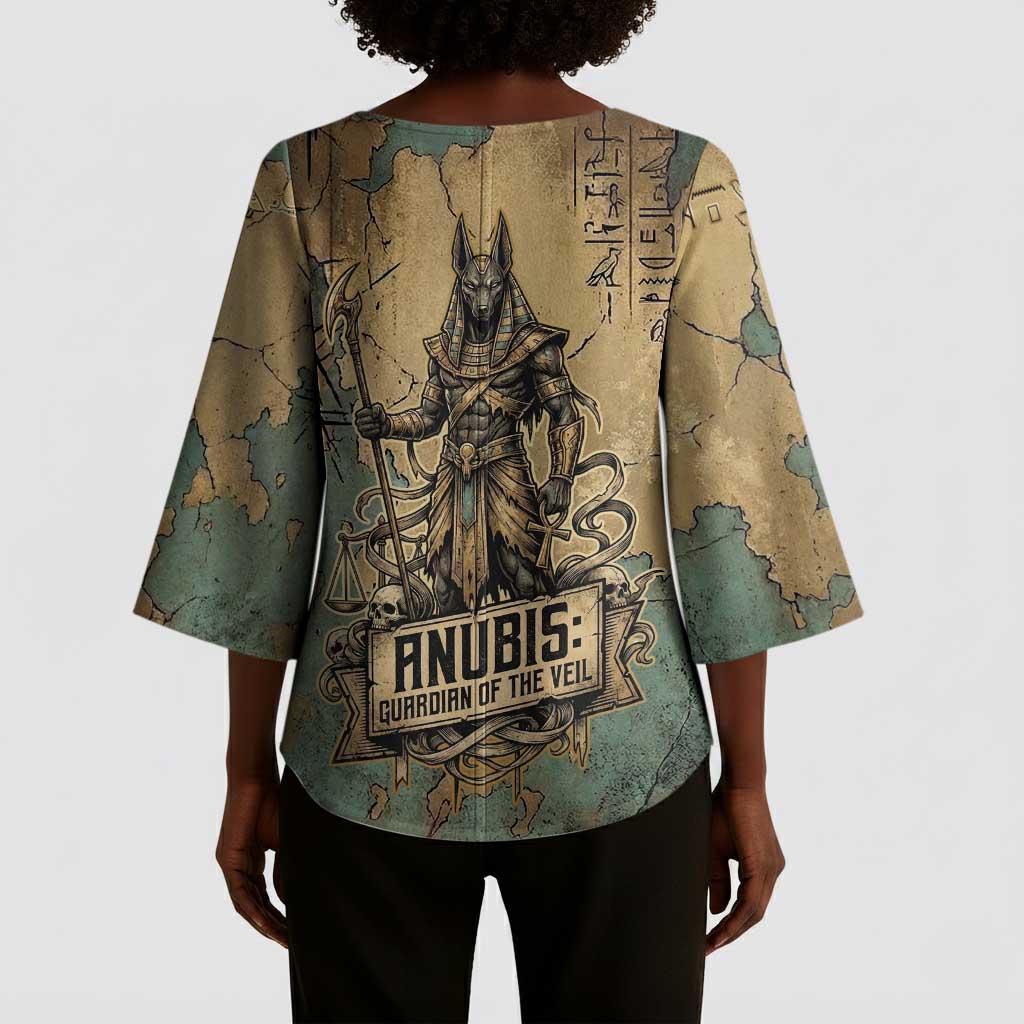 Anubis Kimono Sleeve Blouse Ancient Egyptian Aged Papyrus, Scales of Justice, and Egyptian Hieroglyph - Wonder Print Shop
