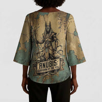 Anubis Kimono Sleeve Blouse Ancient Egyptian Aged Papyrus, Scales of Justice, and Egyptian Hieroglyph - Wonder Print Shop