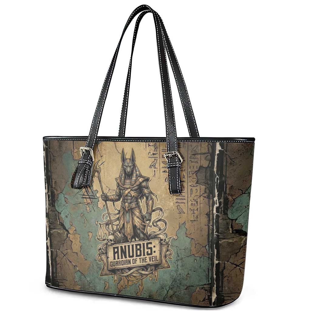 Anubis Leather Tote Bag Ancient Egyptian Aged Papyrus, Scales of Justice, and Egyptian Hieroglyph - Wonder Print Shop
